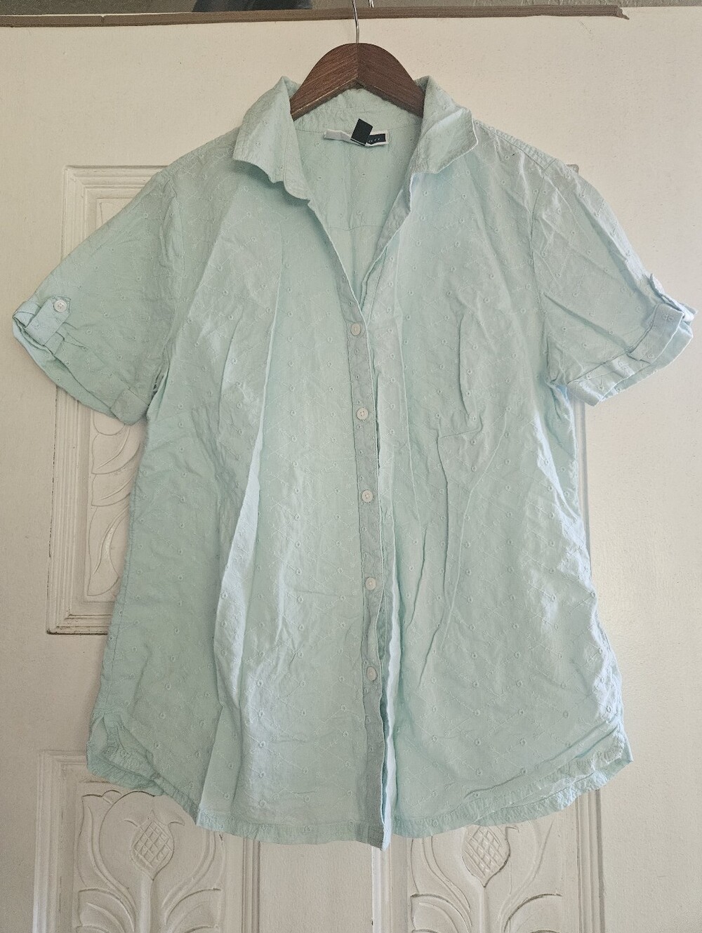 Karen Scott Light Mint Eyelet Short-Sleeve Button-Down Shirt Large